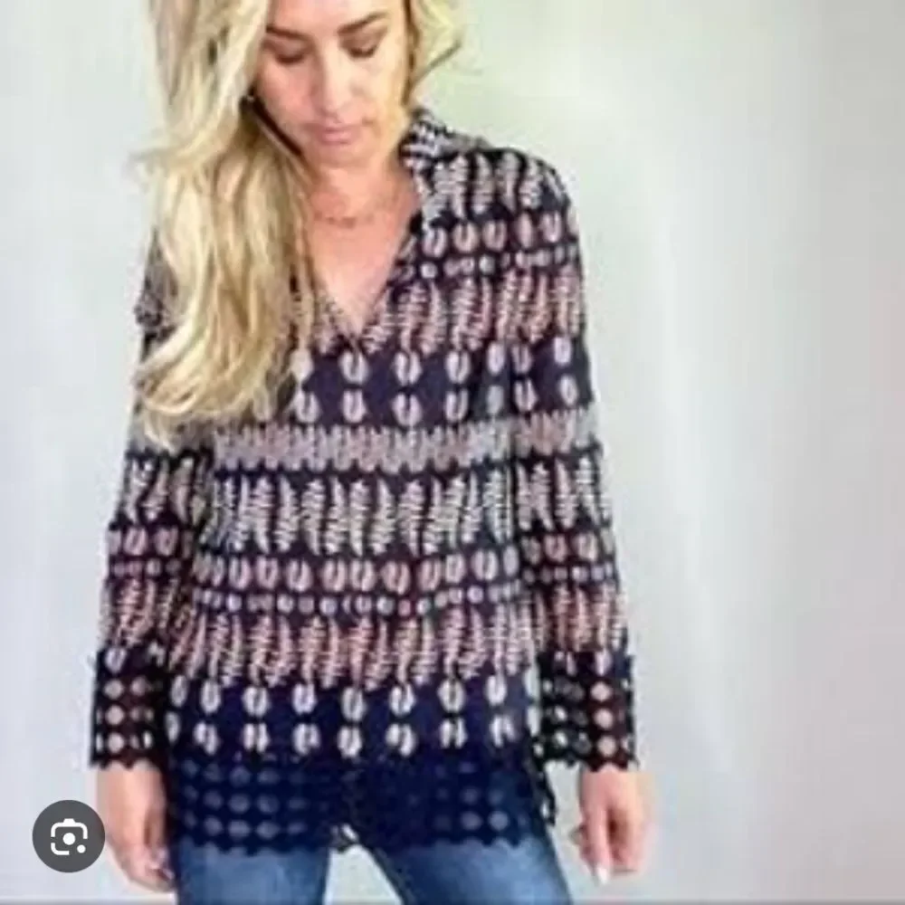 Tory Burch Semi Sheer Floral V-Neck Tunic Blouse Purple Black Size 0
